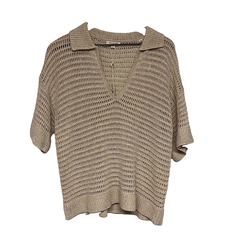 NWT Max Studio Womens Short Sleeve Crochet Sweater Size M Tan Oversized Boho